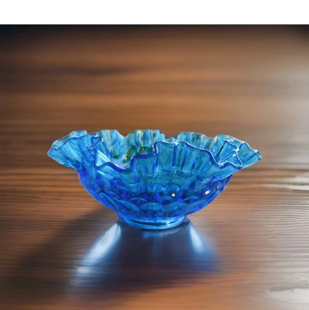 Vintage Fenton Colonial Blue Glass Thumbprint Ruffled Edge Bowl 8"